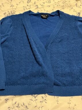Blue Pattern Knit Cropped Open Cardigan Sweater